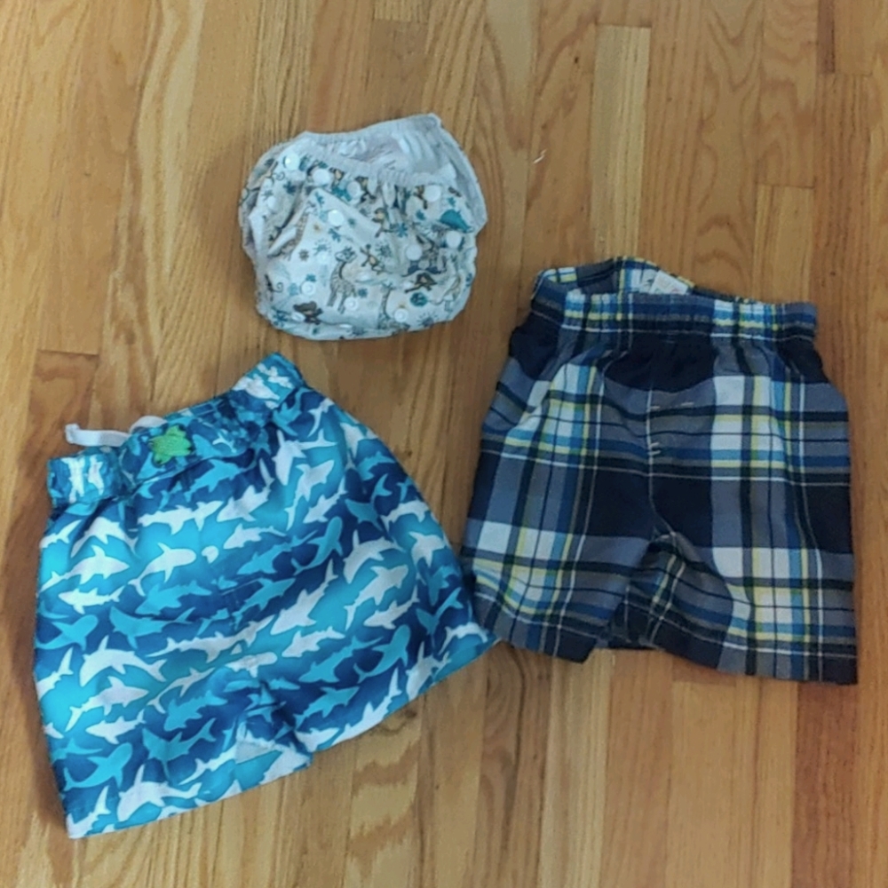 2 pairs of 2t swim trunks, 1 reusable swim diaper